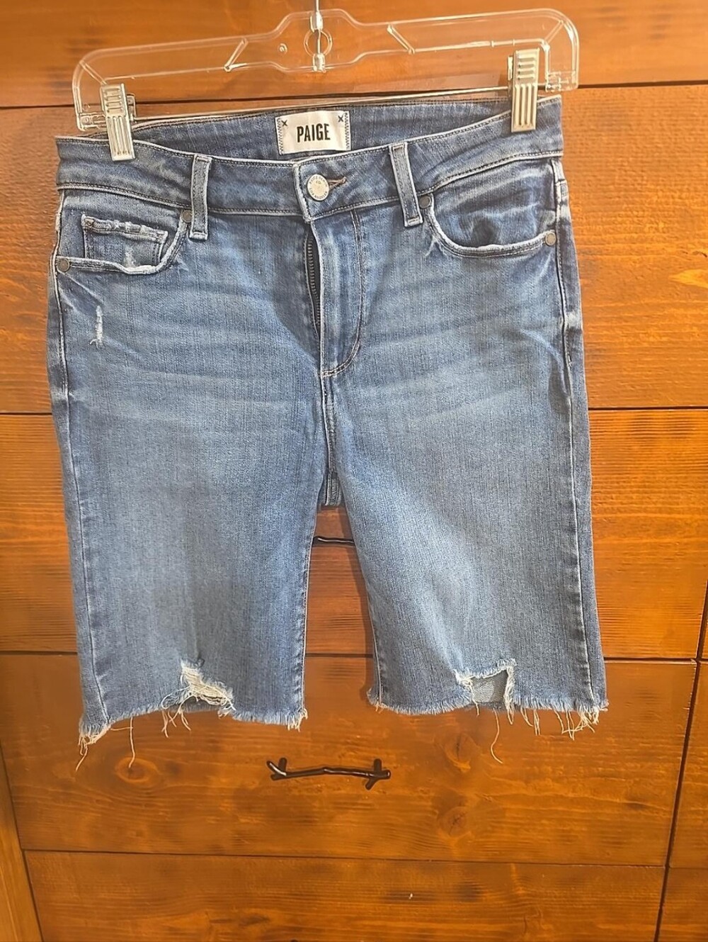 PAIGE Denim Bermuda Shorts Size 27 Distressed Raw Hem Medium Wash